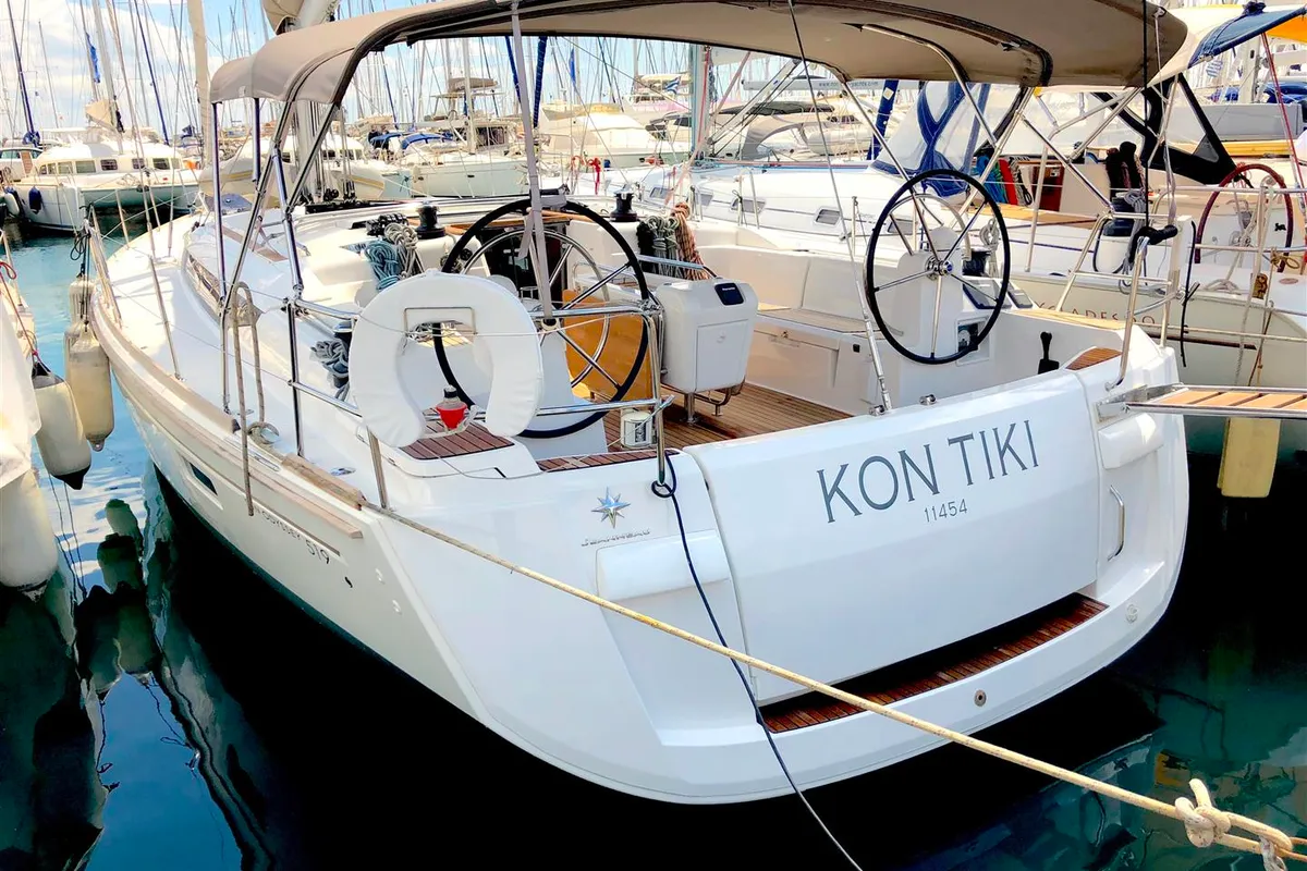 Exterior view of Kontiki, a Jeanneau Sun Odyssey 519 sailboat at Municipal Unit of Lefkada, Greece