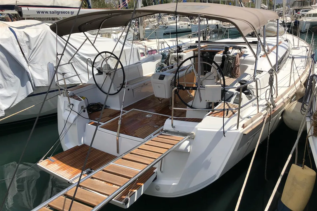 Deck of Kontiki, a Jeanneau Sun Odyssey 519 sailboat at Municipal Unit of Lefkada, Greece