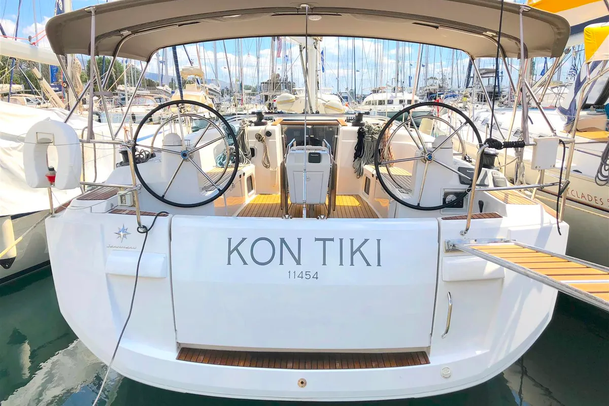 Exterior view of Kontiki, a Jeanneau Sun Odyssey 519 sailboat at Municipal Unit of Lefkada, Greece