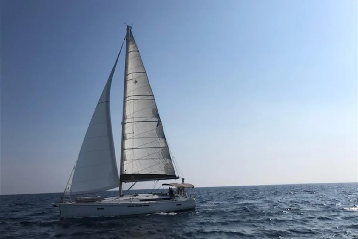 Exterior view of Kontiki, a Jeanneau Sun Odyssey 519 sailboat at Municipal Unit of Lefkada, Greece