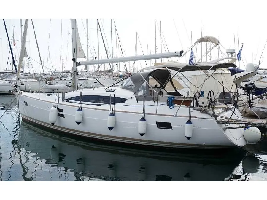 Exterior view of Rigel (Electric Heads, Inverter), a Elan Impression 45 sailboat at Athens, Greece