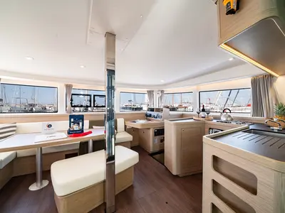 Salon of Celena V, a Lagoon 42 catamaran at Benitses, Greece