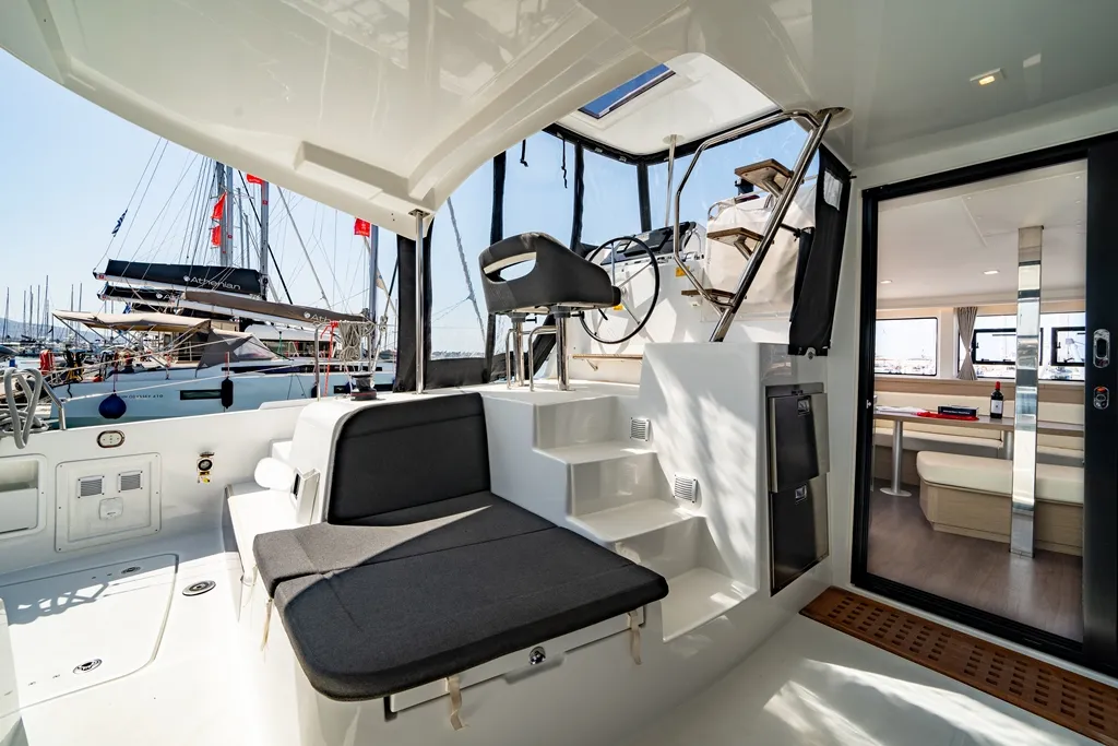 Deck of Celena V, a Lagoon 42 catamaran at Benitses, Greece