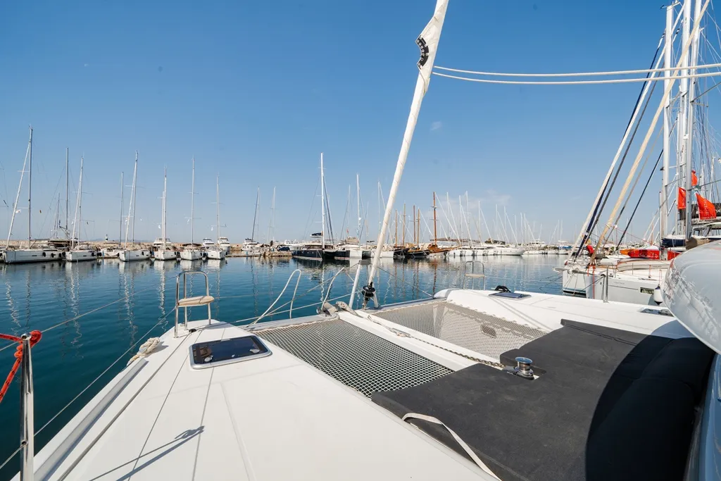 Deck of Celena V, a Lagoon 42 catamaran at Benitses, Greece