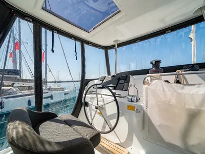 Cockpit of Celena V, a Lagoon 42 catamaran at Benitses, Greece