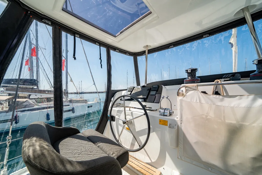 Cockpit of Celena V, a Lagoon 42 catamaran at Benitses, Greece