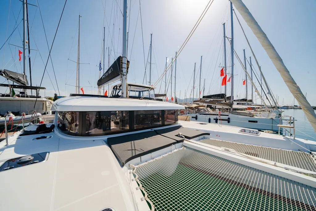 Deck of Celena V, a Lagoon 42 catamaran at Benitses, Greece