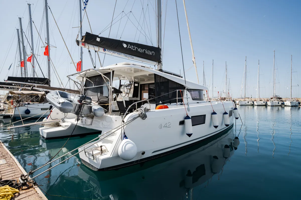 Exterior view of Celena V, a Lagoon 42 catamaran at Benitses, Greece