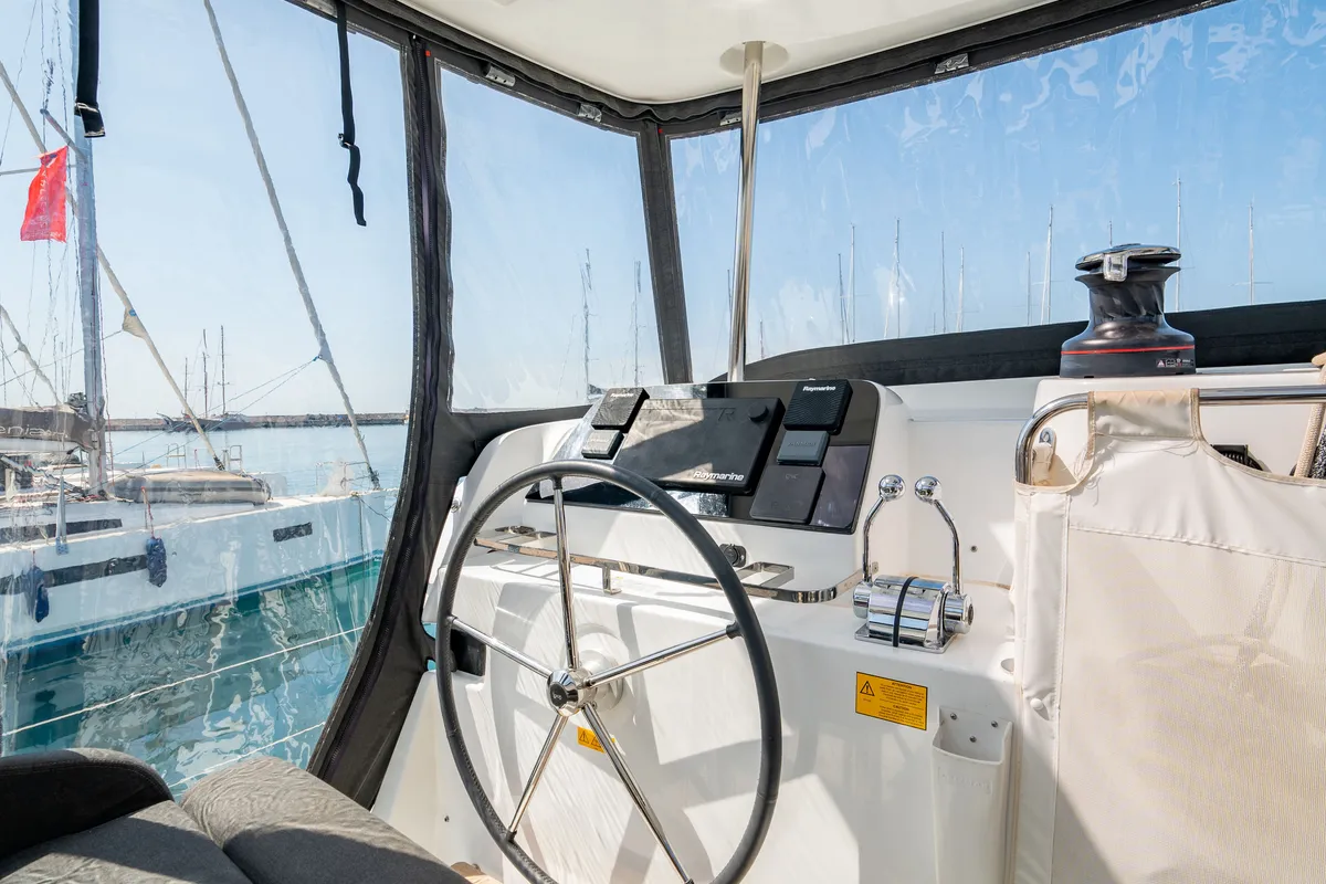 Deck of Celena V, a Lagoon 42 catamaran at Benitses, Greece