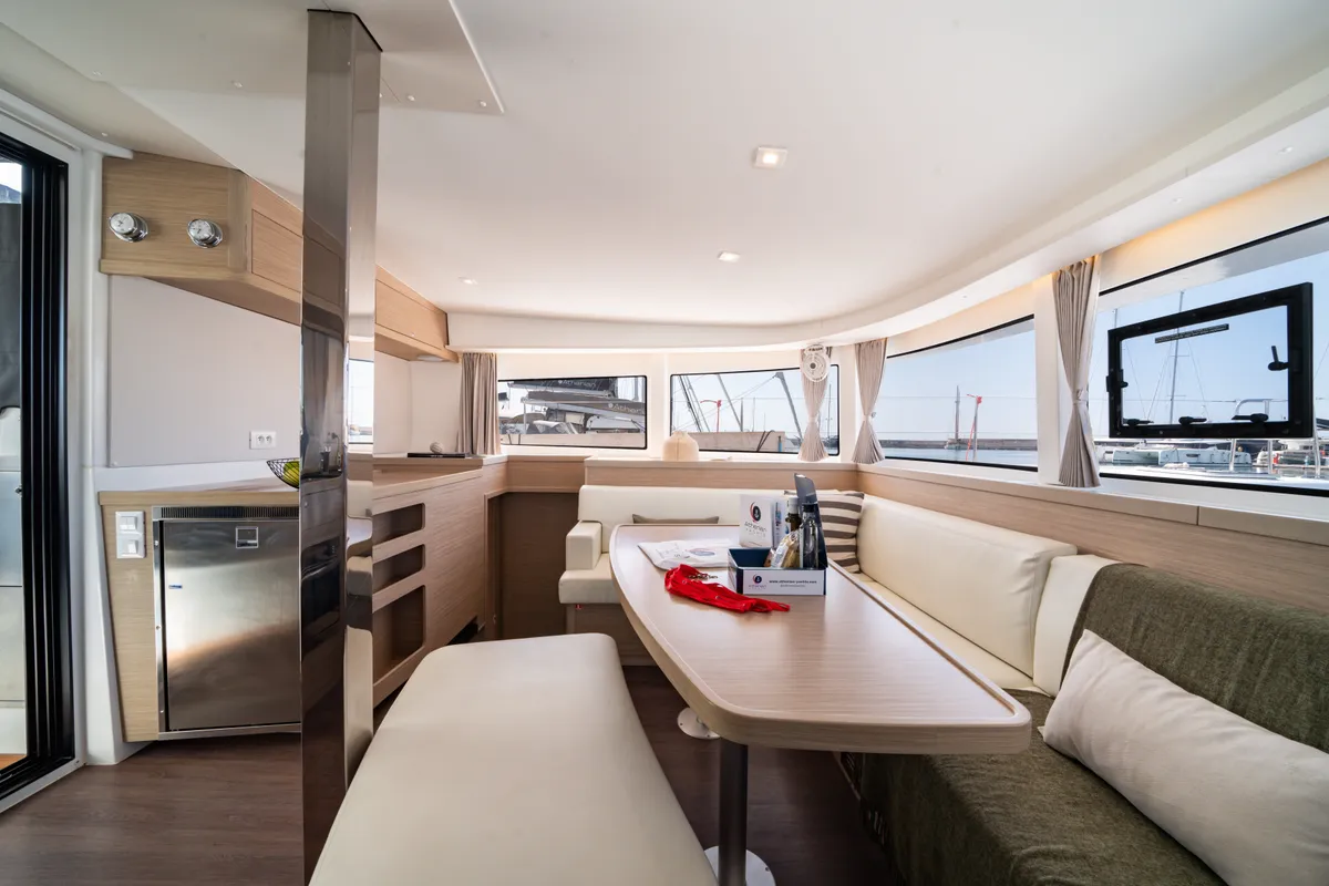 Salon of Celena V, a Lagoon 42 catamaran at Benitses, Greece