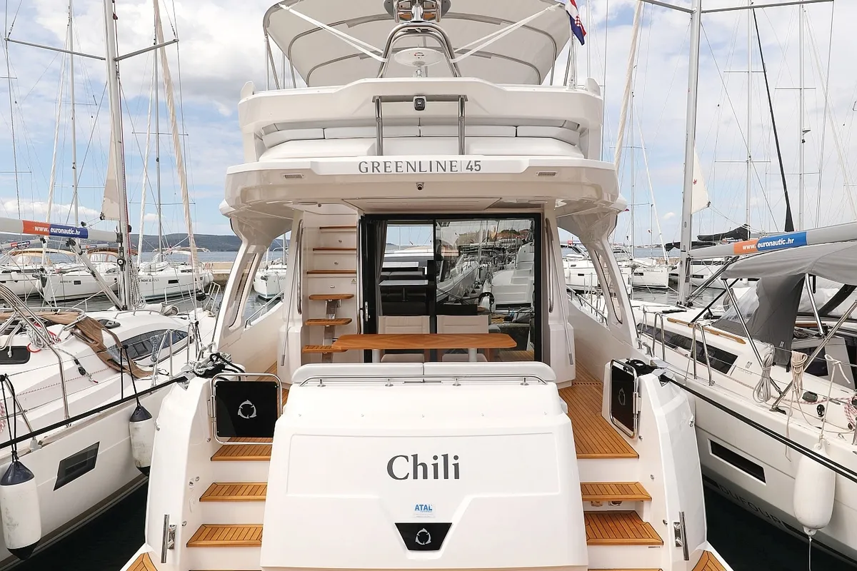 Exterior view of Chili, a Greenline 45 Fly motor yacht at Grad Biograd na Moru, Croatia