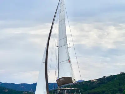 Exterior view of Orsa II, a Bali 4.6 catamaran at Cannigione, Italy