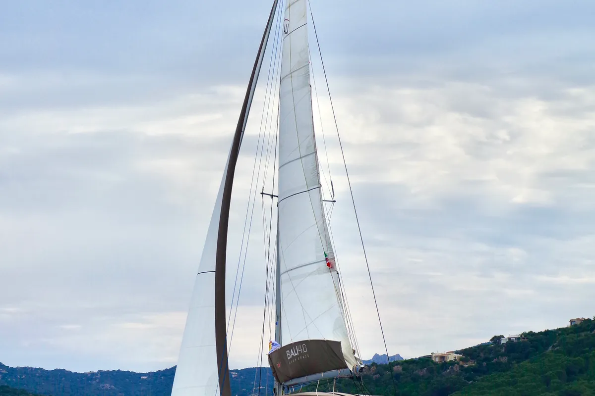 Exterior view of Orsa II, a Bali 4.6 catamaran at Cannigione, Italy
