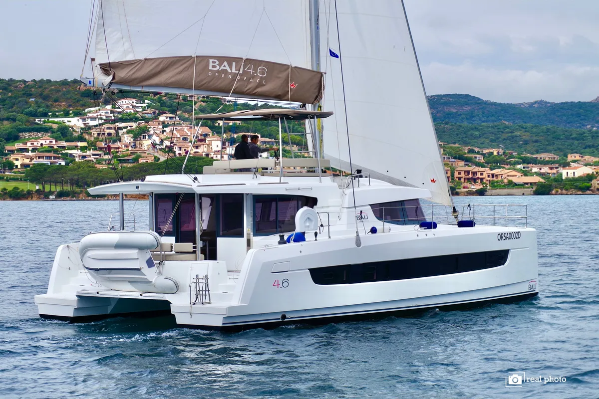 Exterior view of Orsa II, a Bali 4.6 catamaran at Cannigione, Italy