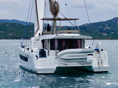 Exterior view of Orsa II, a Bali 4.6 catamaran at Cannigione, Italy