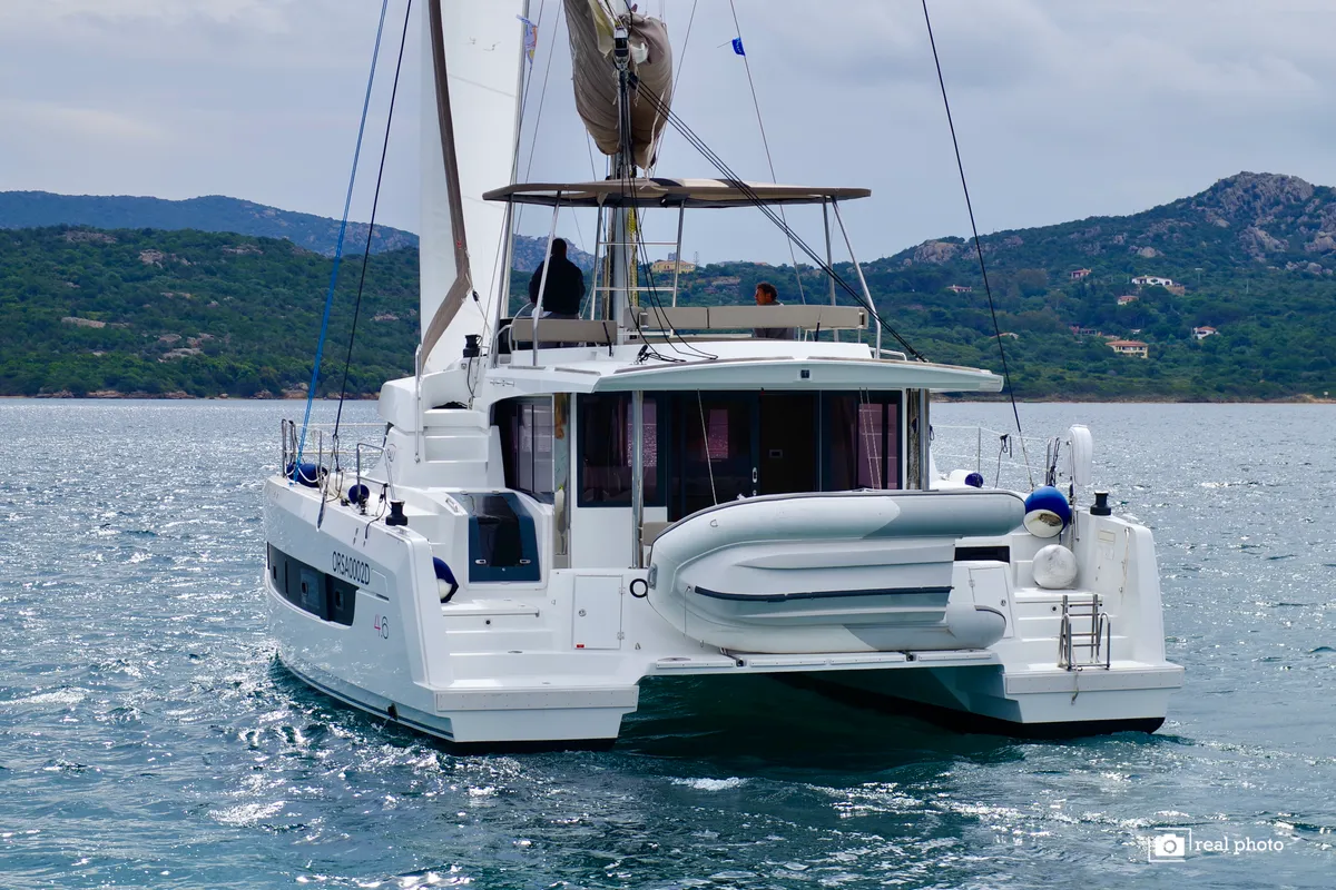 Exterior view of Orsa II, a Bali 4.6 catamaran at Cannigione, Italy