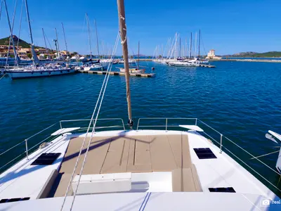 Deck of Orsa II, a Bali 4.6 catamaran at Cannigione, Italy