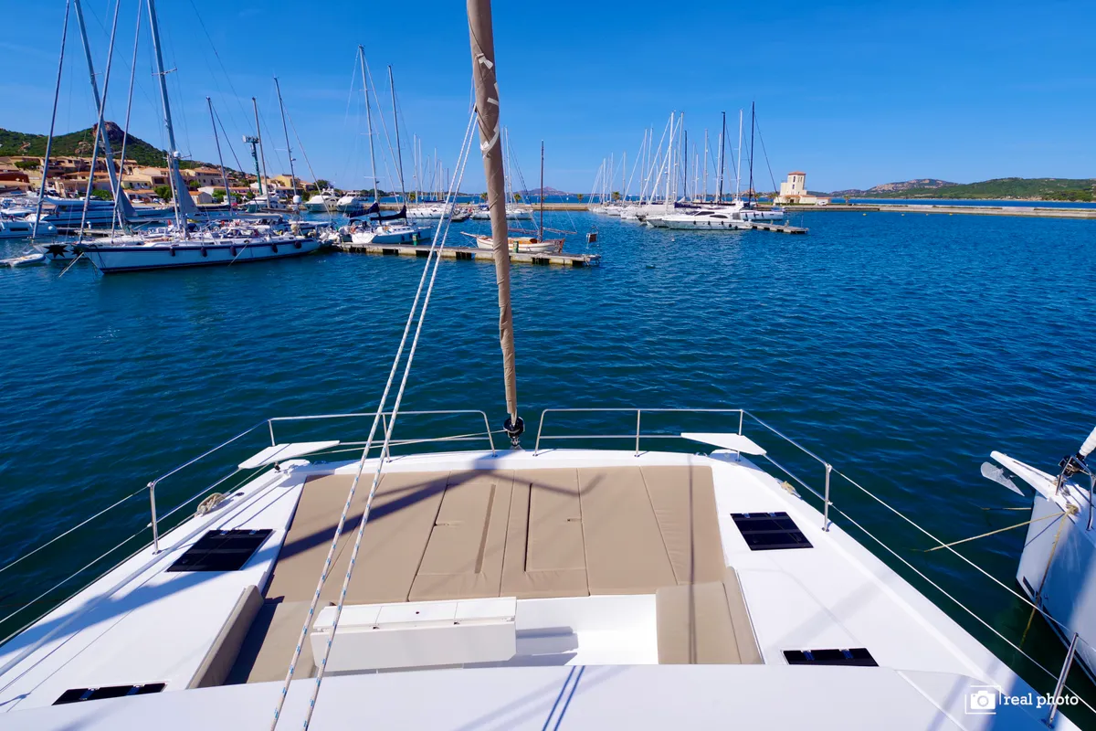 Deck of Orsa II, a Bali 4.6 catamaran at Cannigione, Italy
