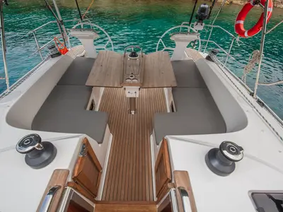 Deck of Jenga, a Bavaria Cruiser 46 sailboat at Fethiye, Turkey
