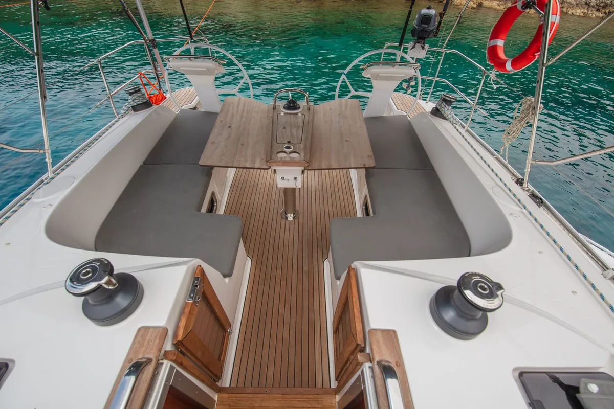 Deck of Jenga, a Bavaria Cruiser 46 sailboat at Fethiye, Turkey