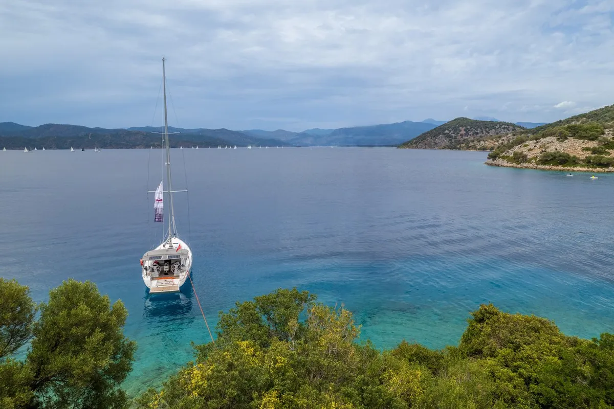 Exterior view of Jenga, a Bavaria Cruiser 46 sailboat at Fethiye, Turkey