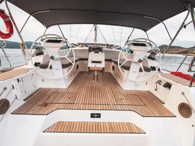 Cockpit of Jenga, a Bavaria Cruiser 46 sailboat at Fethiye, Turkey
