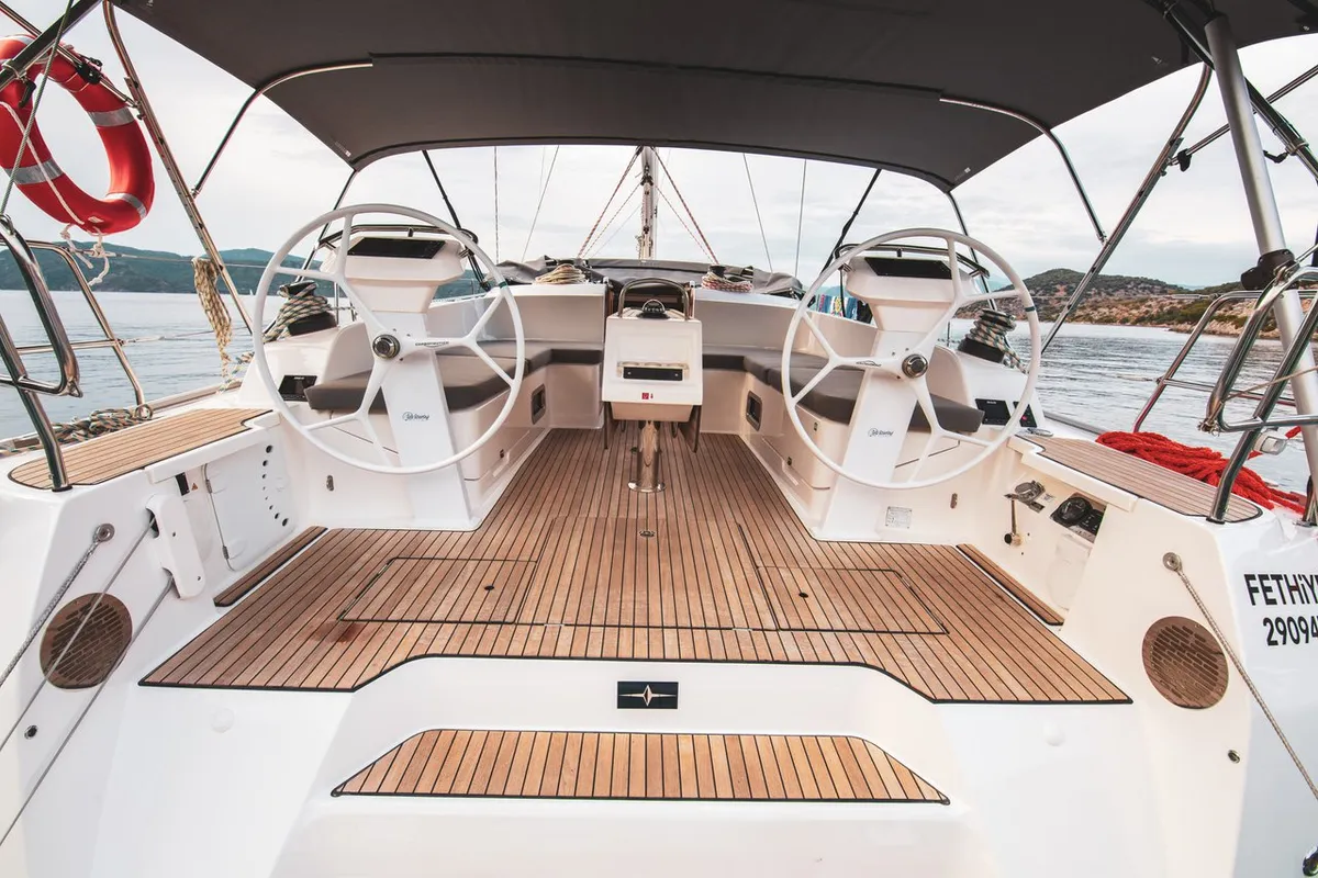 Cockpit of Jenga, a Bavaria Cruiser 46 sailboat at Fethiye, Turkey