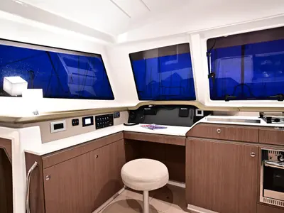 Cockpit of FREEDOM, a Bali Catspace catamaran at Salerno, Italy