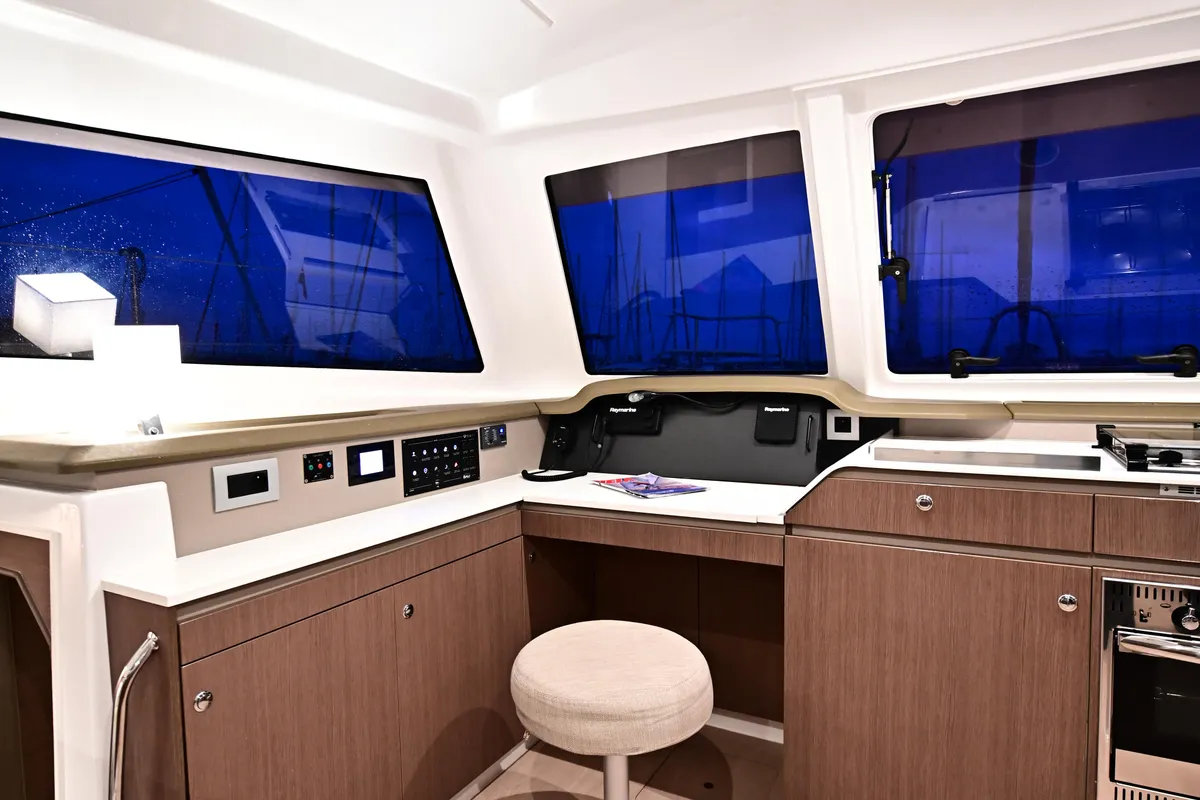 Cockpit of FREEDOM, a Bali Catspace catamaran at Salerno, Italy