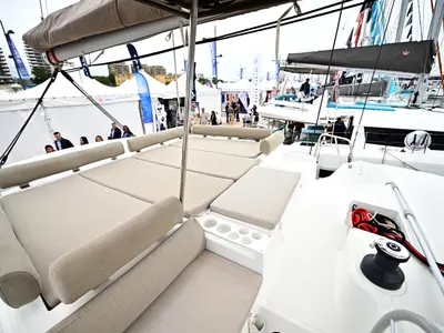 Deck of FREEDOM, a Bali Catspace catamaran at Salerno, Italy