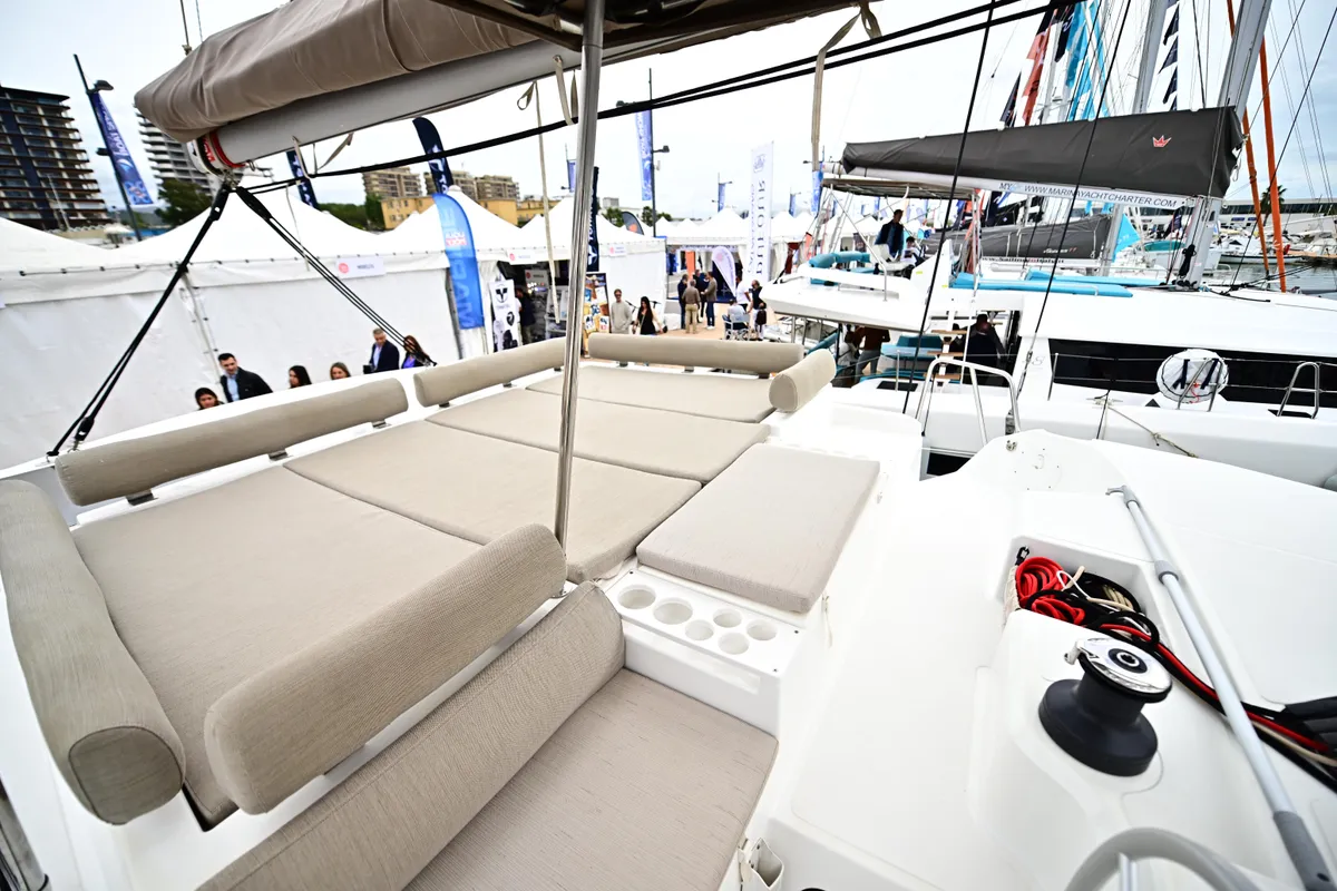 Deck of FREEDOM, a Bali Catspace catamaran at Salerno, Italy