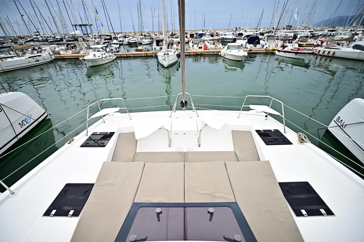 Deck of FREEDOM, a Bali Catspace catamaran at Salerno, Italy