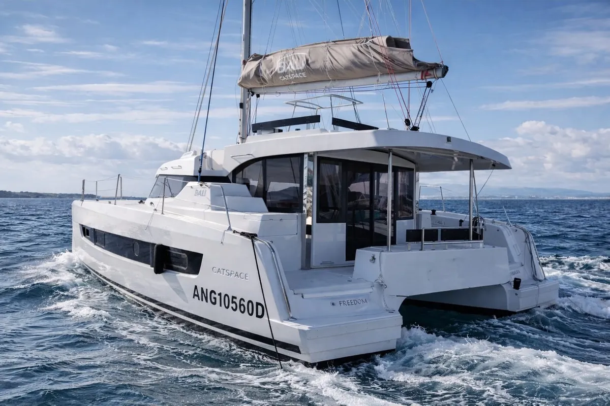 Exterior view of FREEDOM, a Bali Catspace catamaran at Salerno, Italy