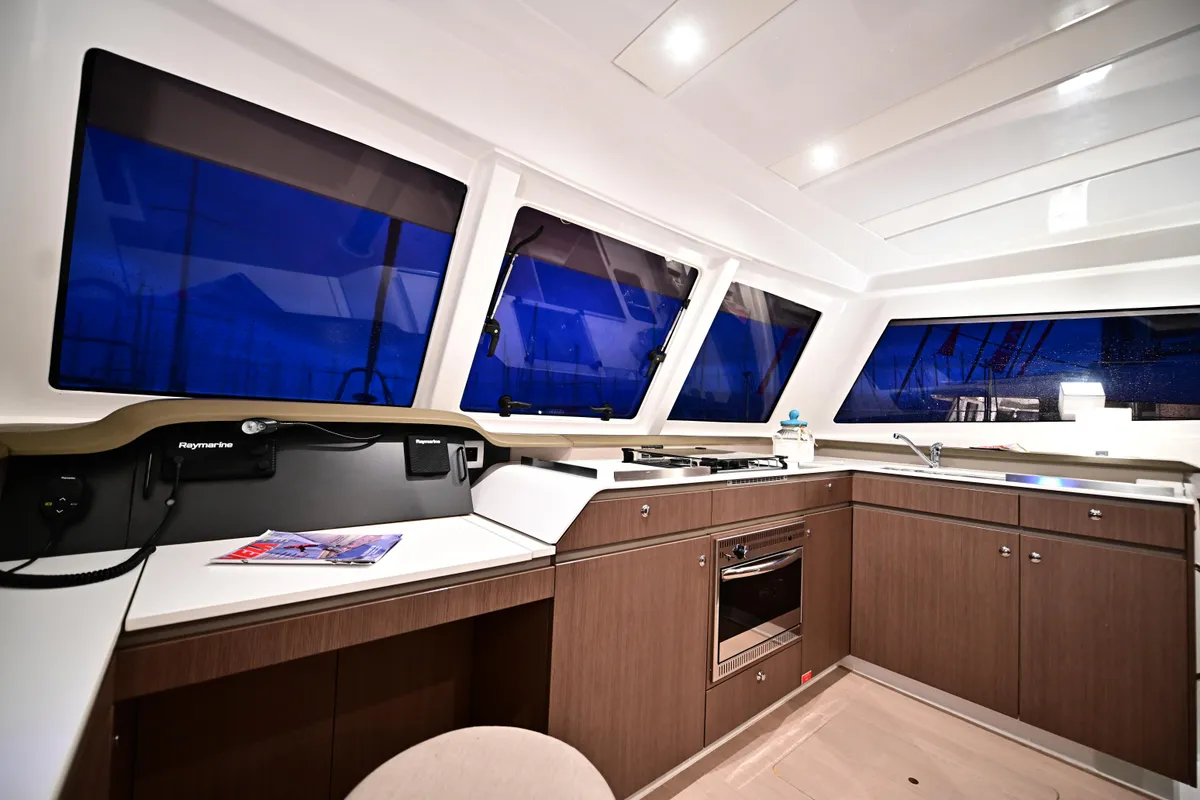 Deck of FREEDOM, a Bali Catspace catamaran at Salerno, Italy