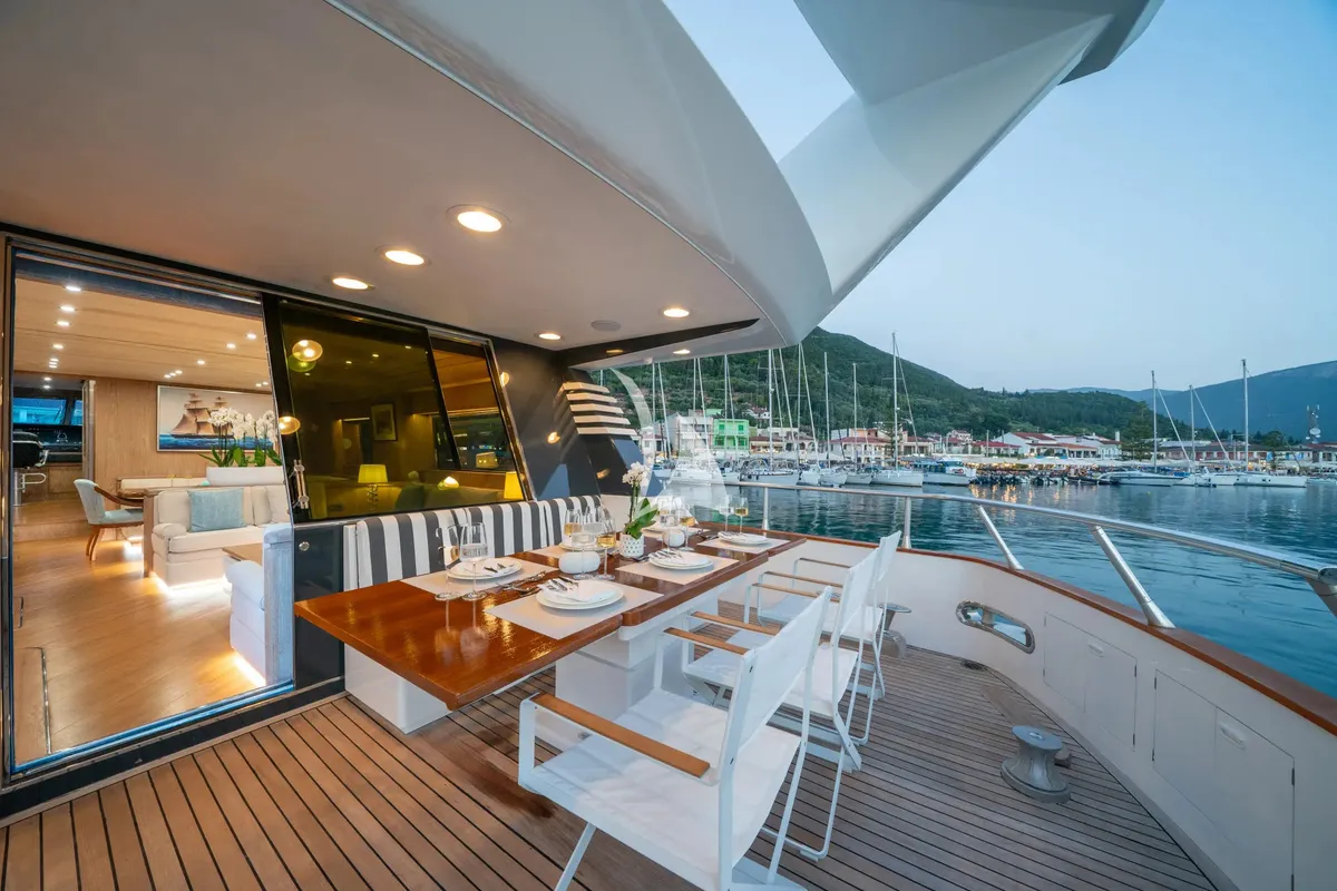 Deck of Opera, a Gulet x-reuse motor yacht at Sami Municipal Unit, Greece