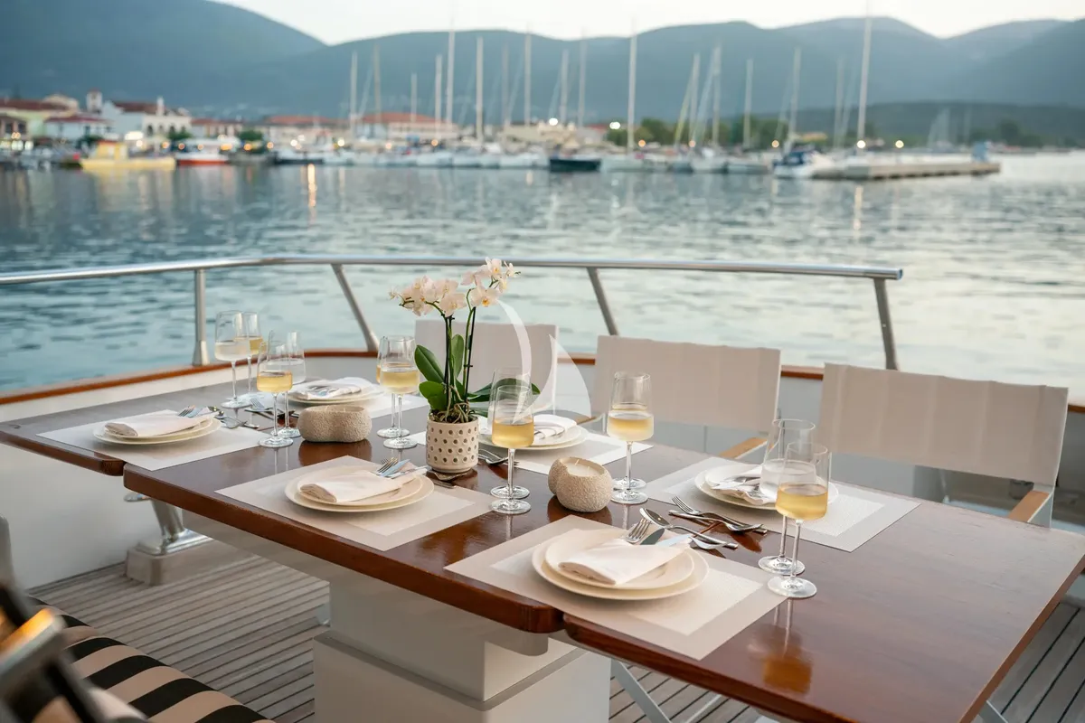 Deck of Opera, a Gulet x-reuse motor yacht at Sami Municipal Unit, Greece
