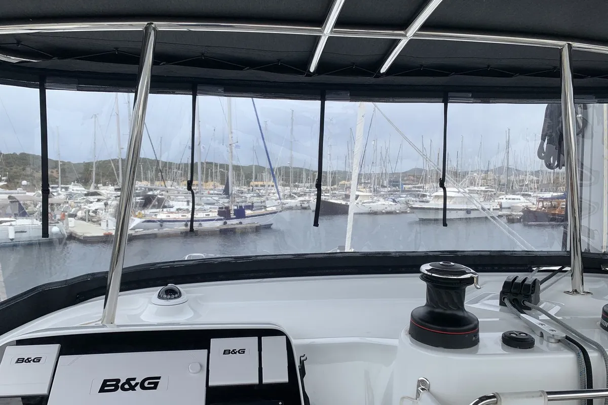 Cockpit of Zoe, a Lagoon 42 catamaran at Thessaloniki, Greece