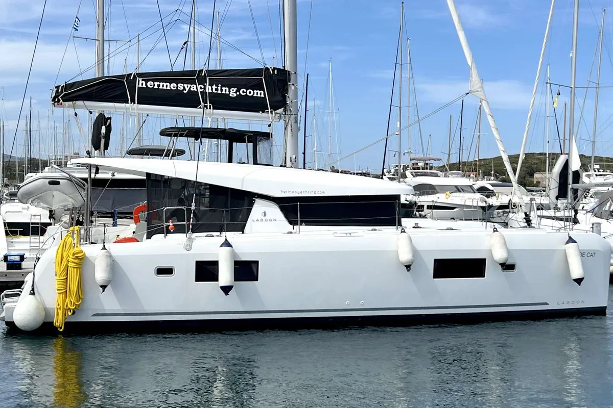 Exterior view of Zoe, a Lagoon 42 catamaran at Thessaloniki, Greece