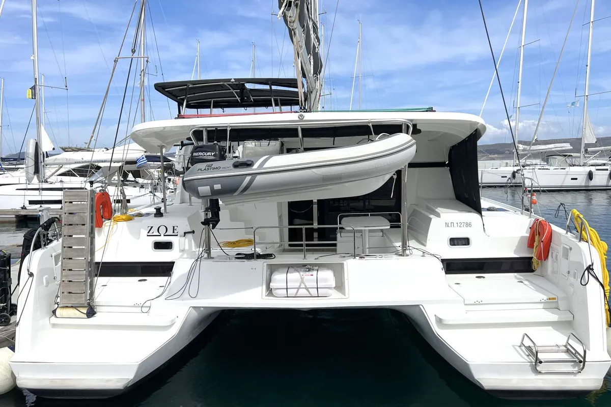 Exterior view of Zoe, a Lagoon 42 catamaran at Thessaloniki, Greece