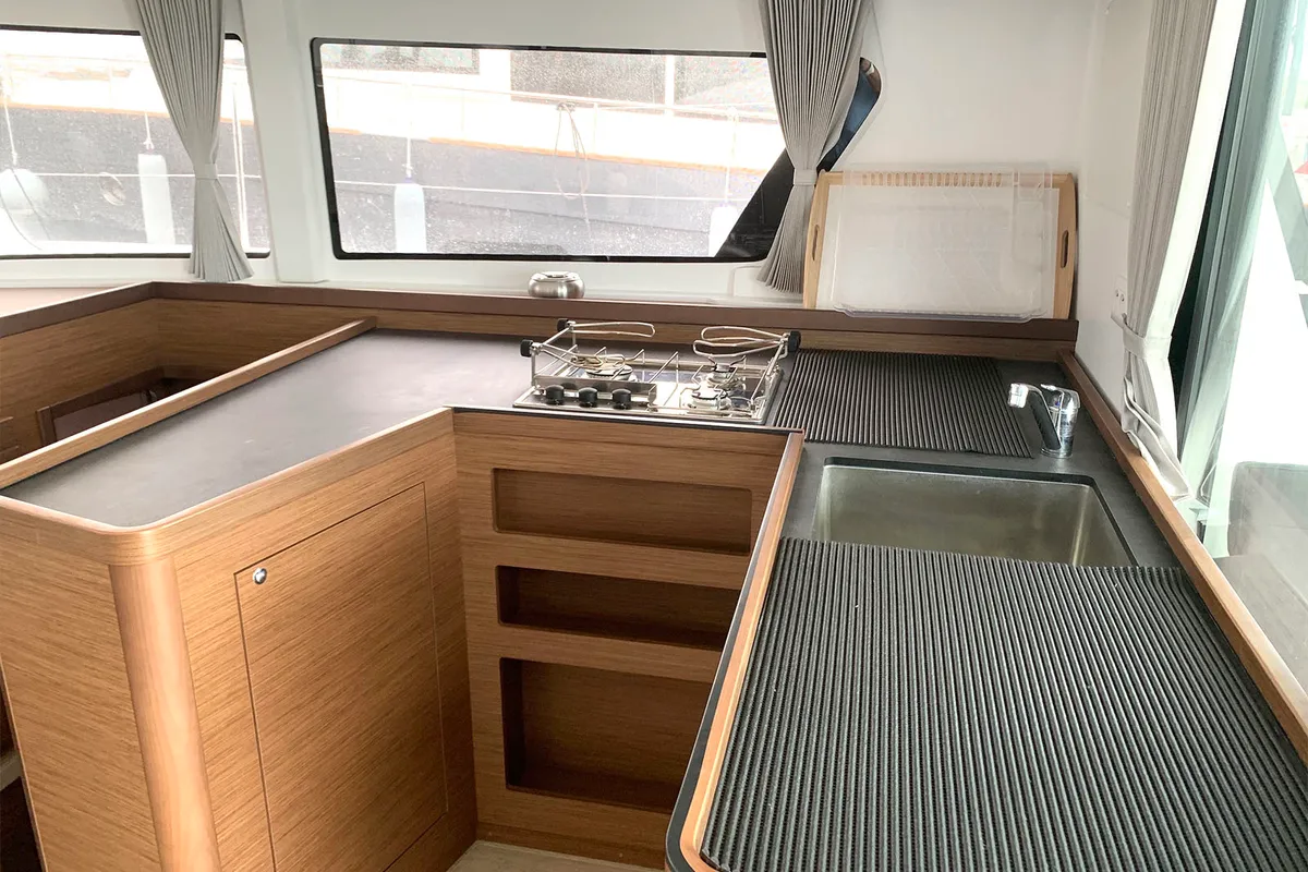 Deck of Zoe, a Lagoon 42 catamaran at Thessaloniki, Greece