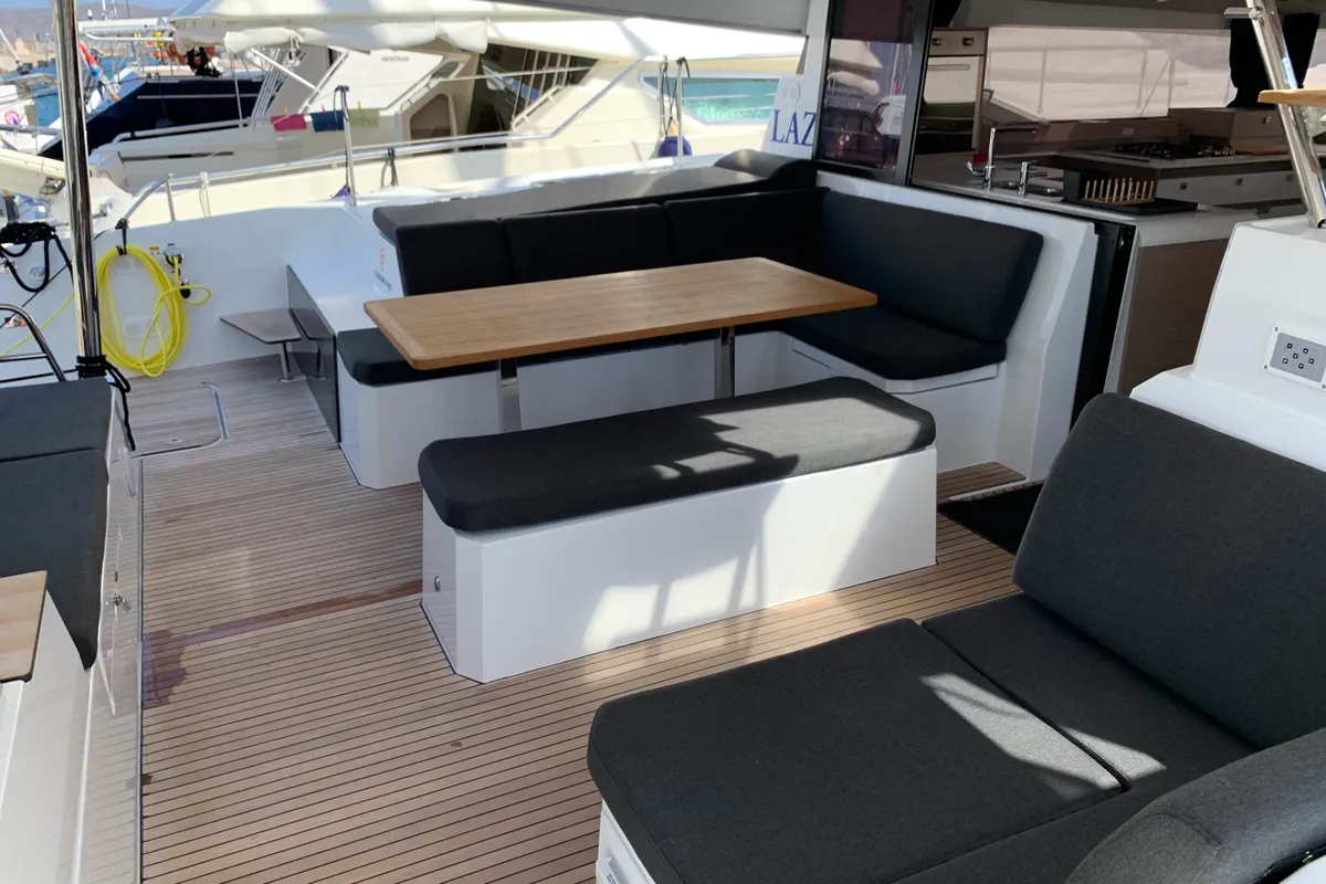 Deck of Lazuli, a Fountaine Pajot Elba 45 catamaran at Athens, Greece