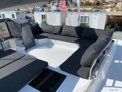 Deck of Lazuli, a Fountaine Pajot Elba 45 catamaran at Athens, Greece