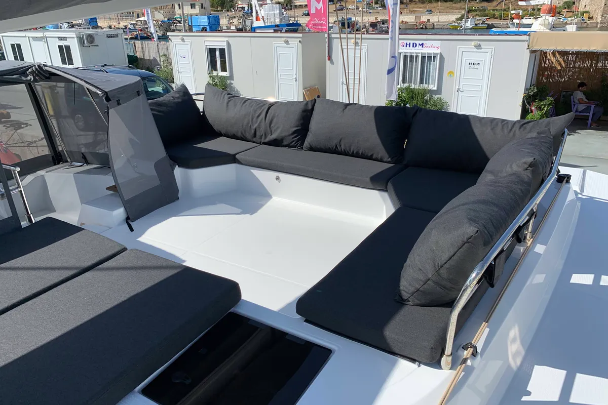 Deck of Lazuli, a Fountaine Pajot Elba 45 catamaran at Athens, Greece