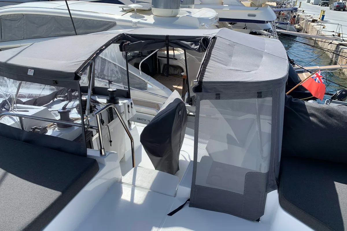 Cockpit of Lazuli, a Fountaine Pajot Elba 45 catamaran at Athens, Greece