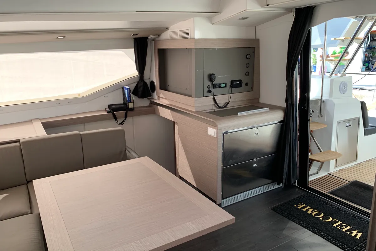 Salon of Lazuli, a Fountaine Pajot Elba 45 catamaran at Athens, Greece
