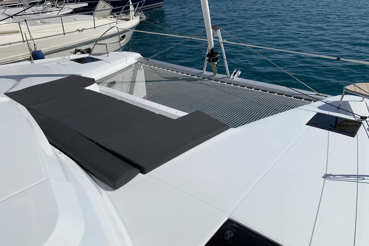 Deck of Lazuli, a Fountaine Pajot Elba 45 catamaran at Athens, Greece