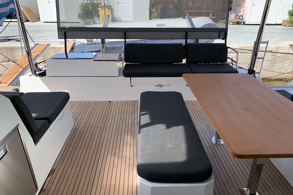 Deck of Lazuli, a Fountaine Pajot Elba 45 catamaran at Athens, Greece