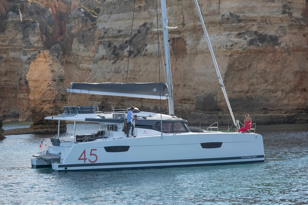 Exterior view of Lazuli, a Fountaine Pajot Elba 45 catamaran at Athens, Greece