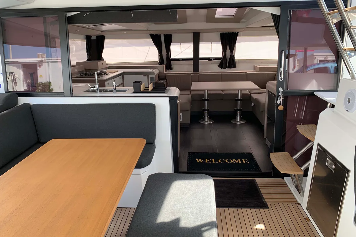 Salon of Lazuli, a Fountaine Pajot Elba 45 catamaran at Athens, Greece
