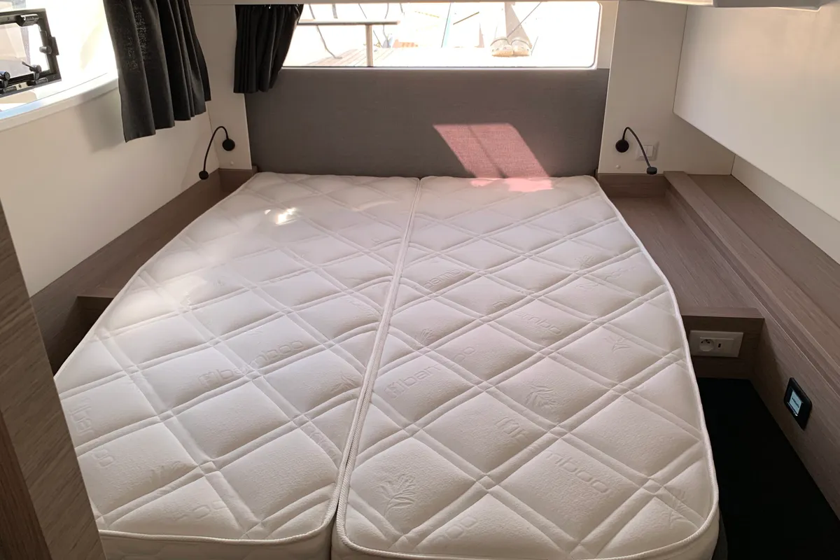 Cabin on Lazuli, a Fountaine Pajot Elba 45 catamaran at Athens, Greece
